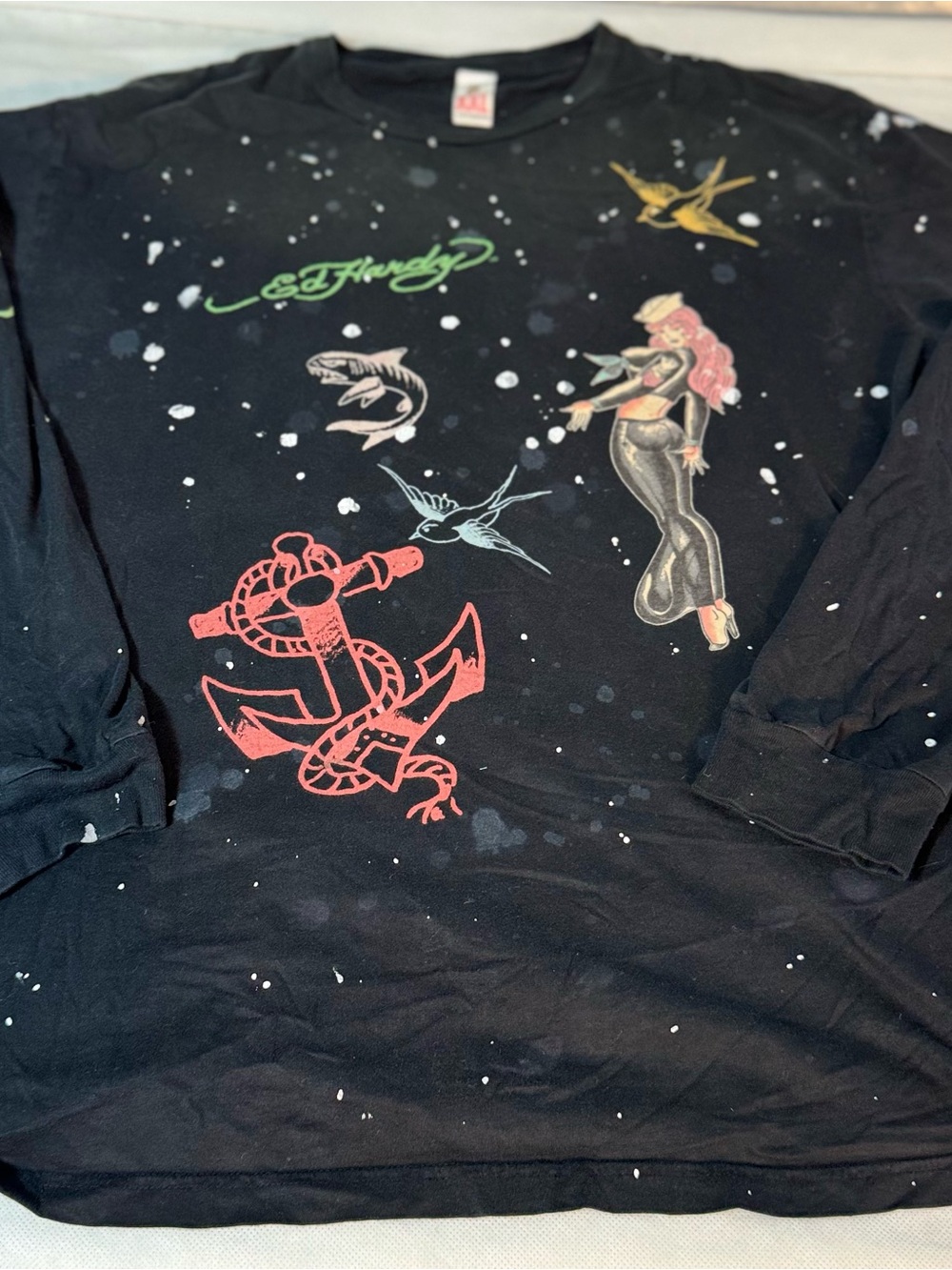 Ed Hardy Black Tattoo Flash Mermaid Tee with White Paint Splatter Detail XXL
